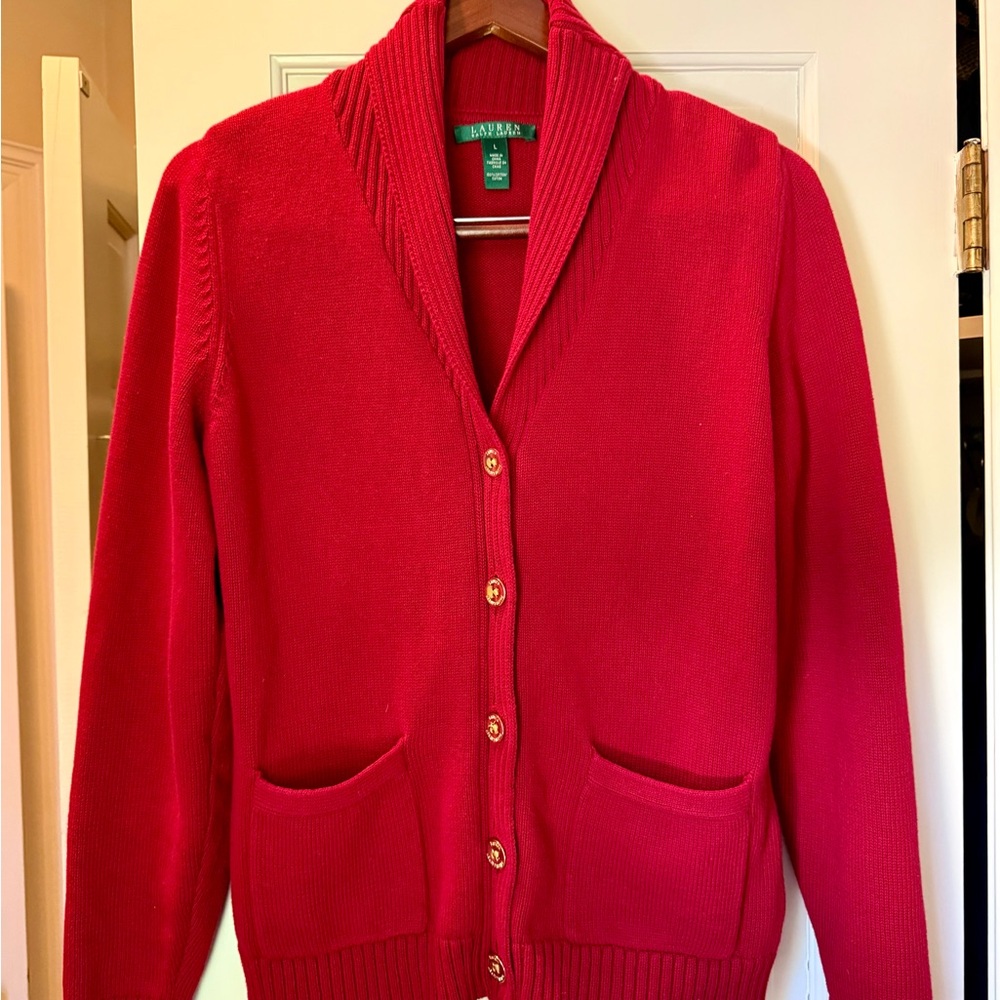 Ralph Lauren Red Shawl Collar Cardigan with Gold Buttons